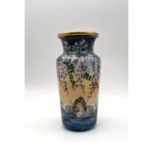 Vtg. FIne China Rochelle Wood Duck Floral Gold Trim Vase Hand Painted Signed